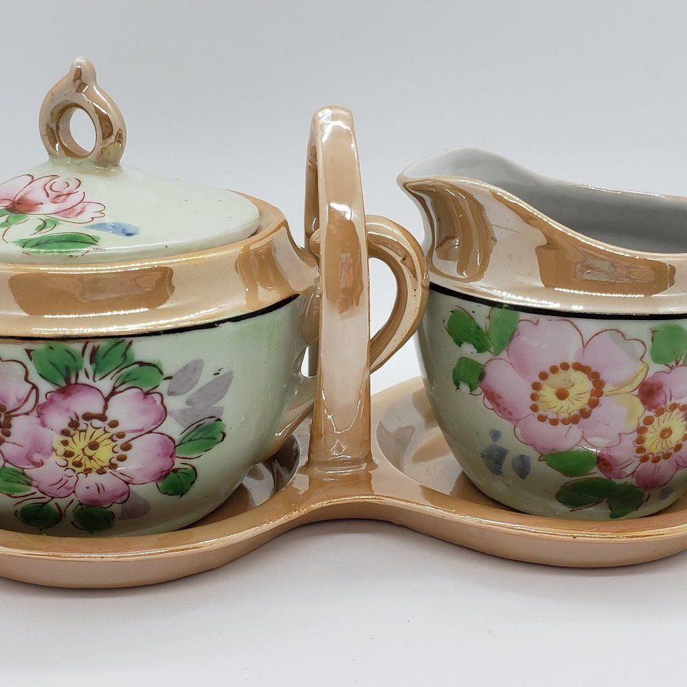 Takito Co. Vintage Orange Green Floral Lustreware Cream Sugar Tray Set